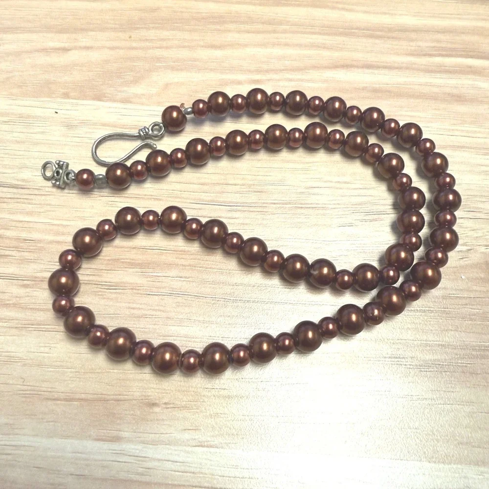 Bronze Faux Pearl Graduated Bead Strand Necklace Silver‎ Tone Hook Clasp 20 Inch